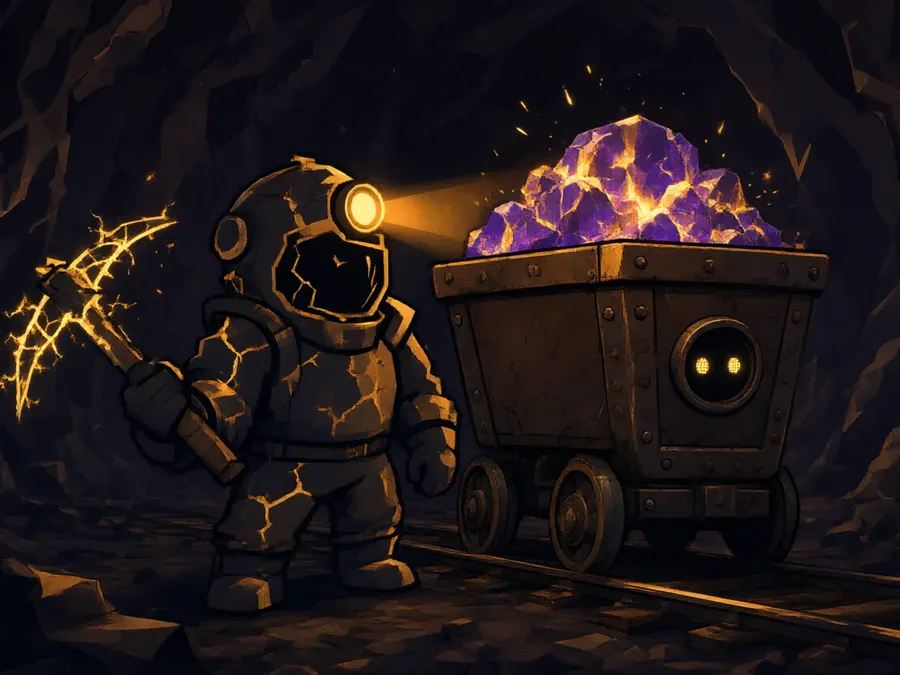 Cart-9, a rusty minecart heaped with glowing violet and gold ore