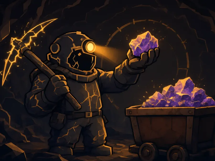 The Prospector, a cartoon miner in a cracked hazmat suit holding a crackling pickaxe