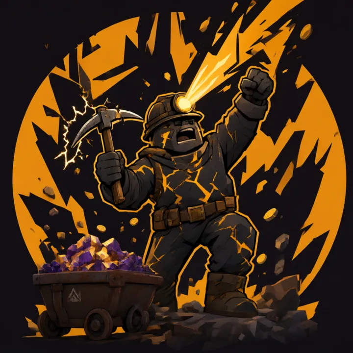 The Prospector raising a fist beside Cart-9, ore chips flying off a gold burst